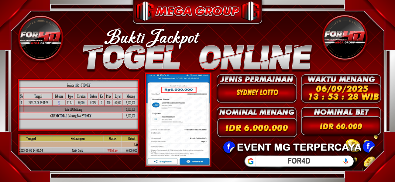 Bukti JP situs For4D hari Sabtu, 06 September 2025